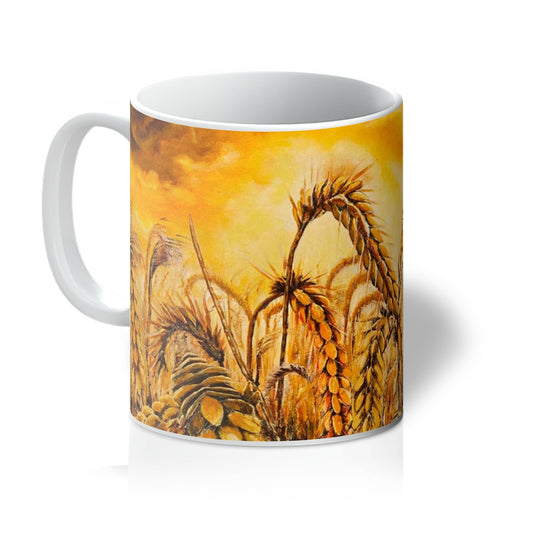 Artistic Coffee Mug Stormy Wheat Field has beautiful golden colours of heads of wheat and dried grasses, with a golden storm brewing above with a detailed sky lit up!