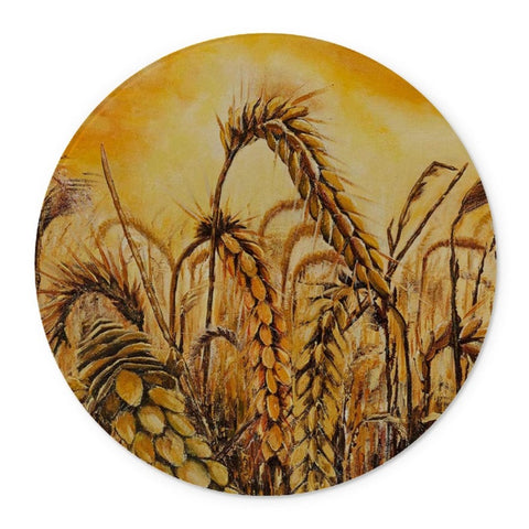 Stormy Wheat Field Glass Chopping Board is round and hshows a closer look at the beautiful golden coloured curved heads of wheat in the field, and the bright storm behind.