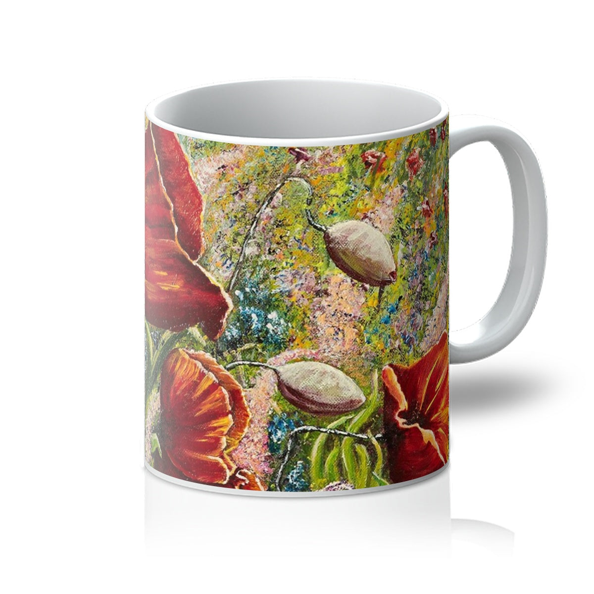 Artistic Poppy Love Mug has a beautiful, colourful design of large red velvet coloured poppies in amoungst a field of wild flowers of softer shades of pinks & blues & many other colours,  intricate beautiful design