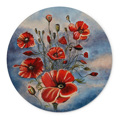 Artistic Glass Cutting Board Bouquet of Poppies has a red poppy bouquet with flowing stems against a slate blue & soft pink tones here   & there.  Some poppies closed