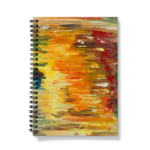 Artistic Journal Notebook Reflection with just the image of the reflecting colours of the maple trees in golds, reds oranges & yellow reflecting on the water.