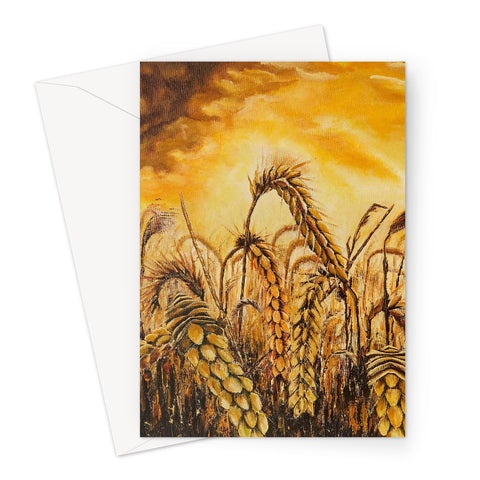 Artistic Stormy Wheat Field Greeting Card showing beautiful heads of golden wheat in a field under a stormy sky of dark clouds & bright golden flashes of light