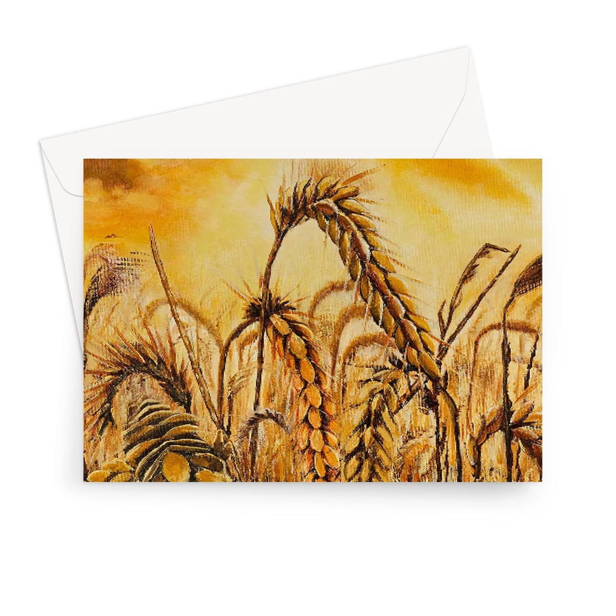 Artistic Stormy Wheat Field Greeting Card showing beautiful heads of golden wheat in a field under a stormy sky of dark clouds & bright golden flashes of light