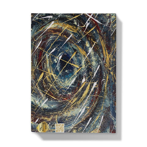 artistic Hardback journal with abstract design with swirling blues, velvet reds, golds & white resembling a beautiful coloured black hole in space or a planet