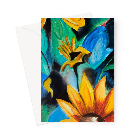 Artistic Abstract Sunflower Blank Greeting Card  is a colourful abstract look at a yellow sunflower and the colours of emerald green, turquoise blues & blacks.  Bright & beautiful.