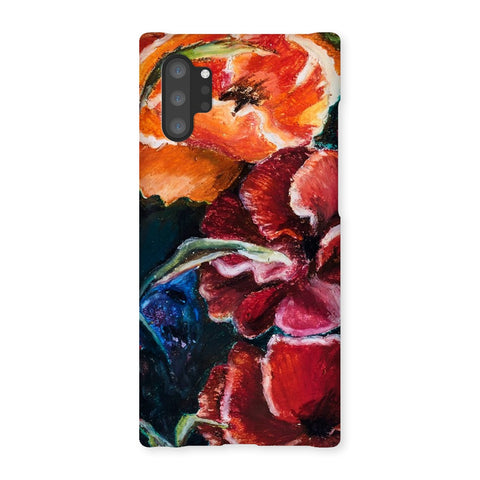 custom artistic snap on phone skin with image of res poppy heads. Colours red, orange and deep blue green leaves.