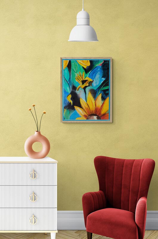 Wall Art Canvas Print Abstract Sunflower. Abstract painting of yellow hints of orange and browns. Leaves of green and shapes behind in dark blues, emerald greens and nearly blacks giving depth to this painting. Mounted and framed onto a bedroom wall