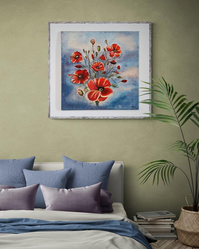 Original canvas  wall art Bouquet of Poppies canvas 40 x 40 cm of a bouquet of red poppies with a slate blue & pink colour background. The bouquet is not tightly packed together & allows the poppies to move freely giving the appearance of a natural form of poppies in a field. Picture is framed in silver & hung on a pale sage green wall in a bedroom