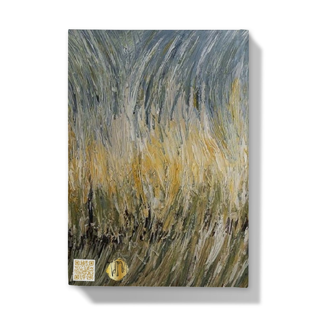 Wheat fields Hardback Journal has an abstract image of wheat swaying in the fields of golds light sage greens & light blues towards the sky.