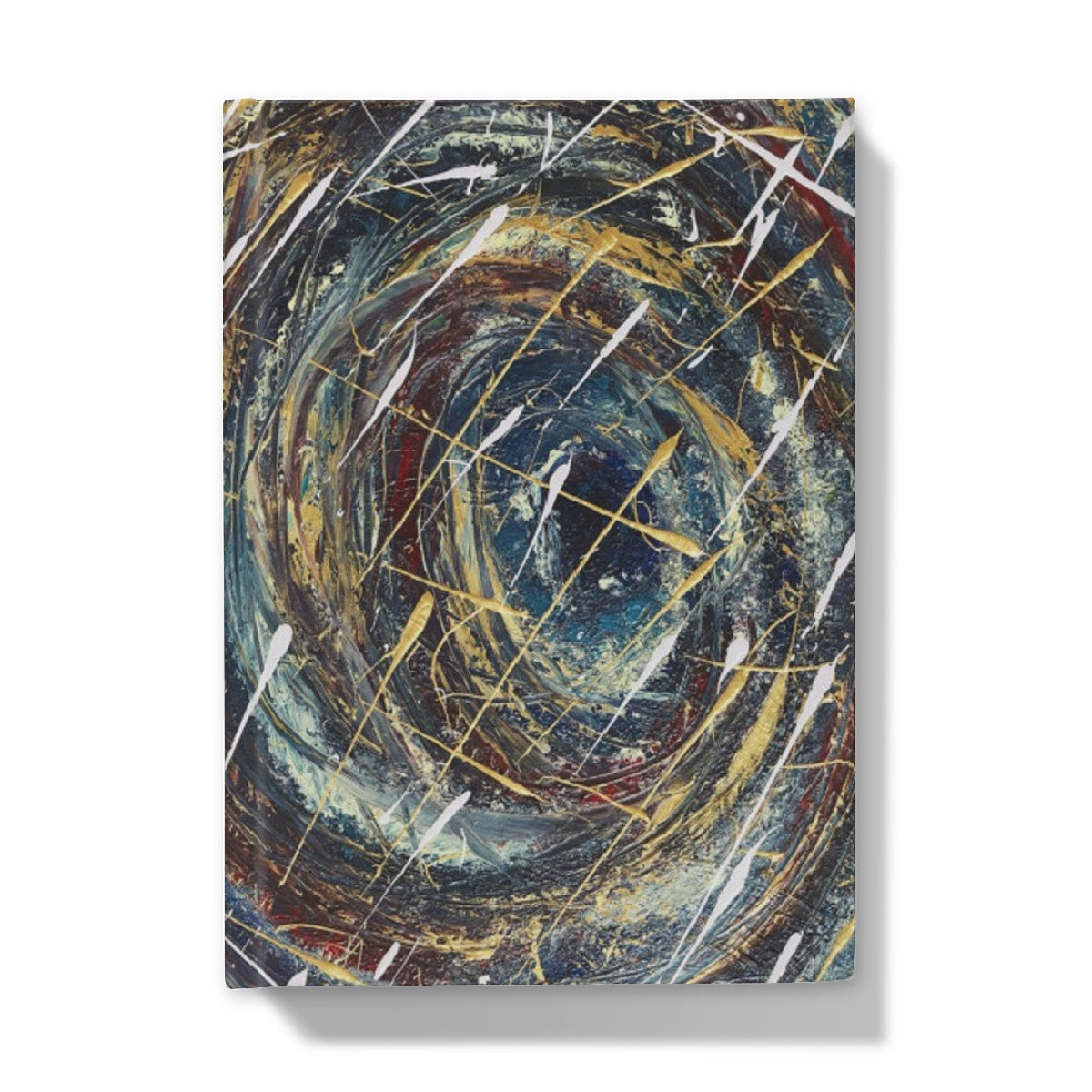 artistic Hardback journal with abstract design with swirling blues, velvet reds, golds & white resembling a beautiful coloured black hole in space or a planet