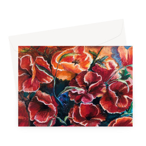 Atistic Blank Greeting Card Poppy Love with rich velvet red colours, deep dark blues & greens to show depth between the poppy heads and petals