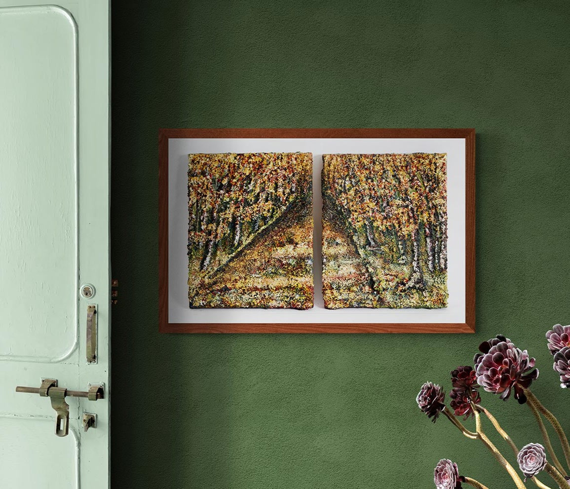 Canvas Print Wall Art.  A two piece of art of a pathway with trees from a forest either side of the path. This piece has an old style look with colours that marry together beautifully.  burnt reds & greens, golds, oranges, but none of these colours are vibrant. They are all washed in a golds . This two piece can be hung on the wall to make the pathway seem longer, and turn in the distance.  Paintings framed together and mounted onto a green wall