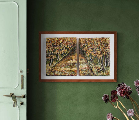 Original Canvas Wall Art Memory Lane A two piece of art of a pathway with trees from a forest either side of the path. This piece has an old style look with colours that marry together beautifully: burnt red's greens, golds, oranges, but none of these colours are vibrant. They are all washed in a golds . This two piece can be hung on the wall to make the pathway seem longer, and turn in the distance.