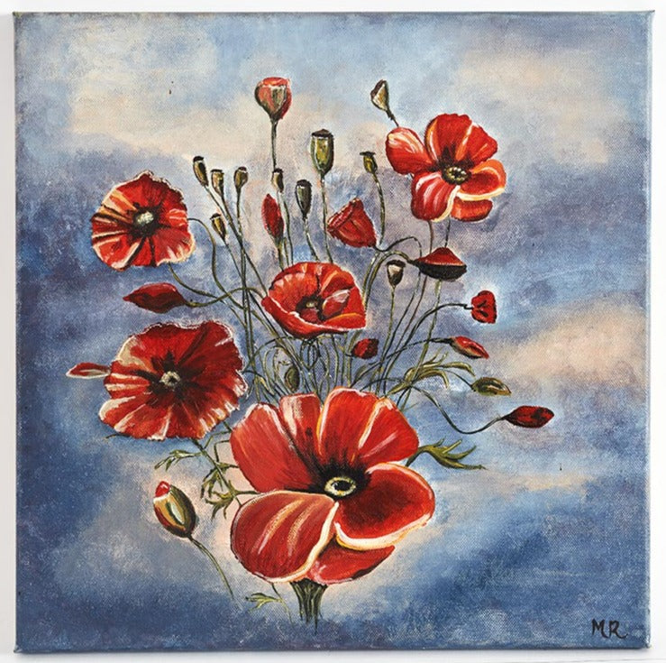 Wall Art Canvas Print Bouquet of Poppies 40 x 40 cm of a bouquet of red poppies with a slate blue & pink colour background. The bouquet is not tightly packed together & allows the poppies to move freely giving the appearance of a natural form of poppies in a field.