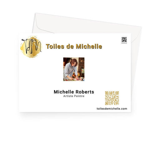 Logo, QR code and a photograph of Michelle Roberts painting