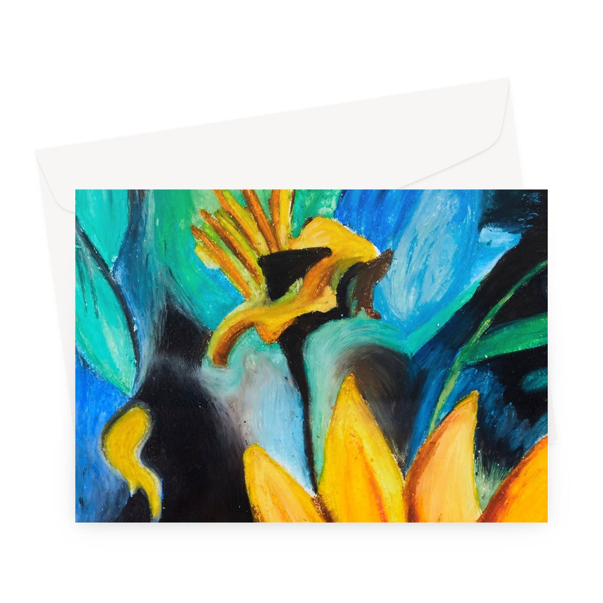 Artistic Abstract Sunflower Blank Greeting Card  is a colourful abstract look at a yellow sunflower and the colours of emerald green, turquoise blues & blacks.  Bright & beautiful.