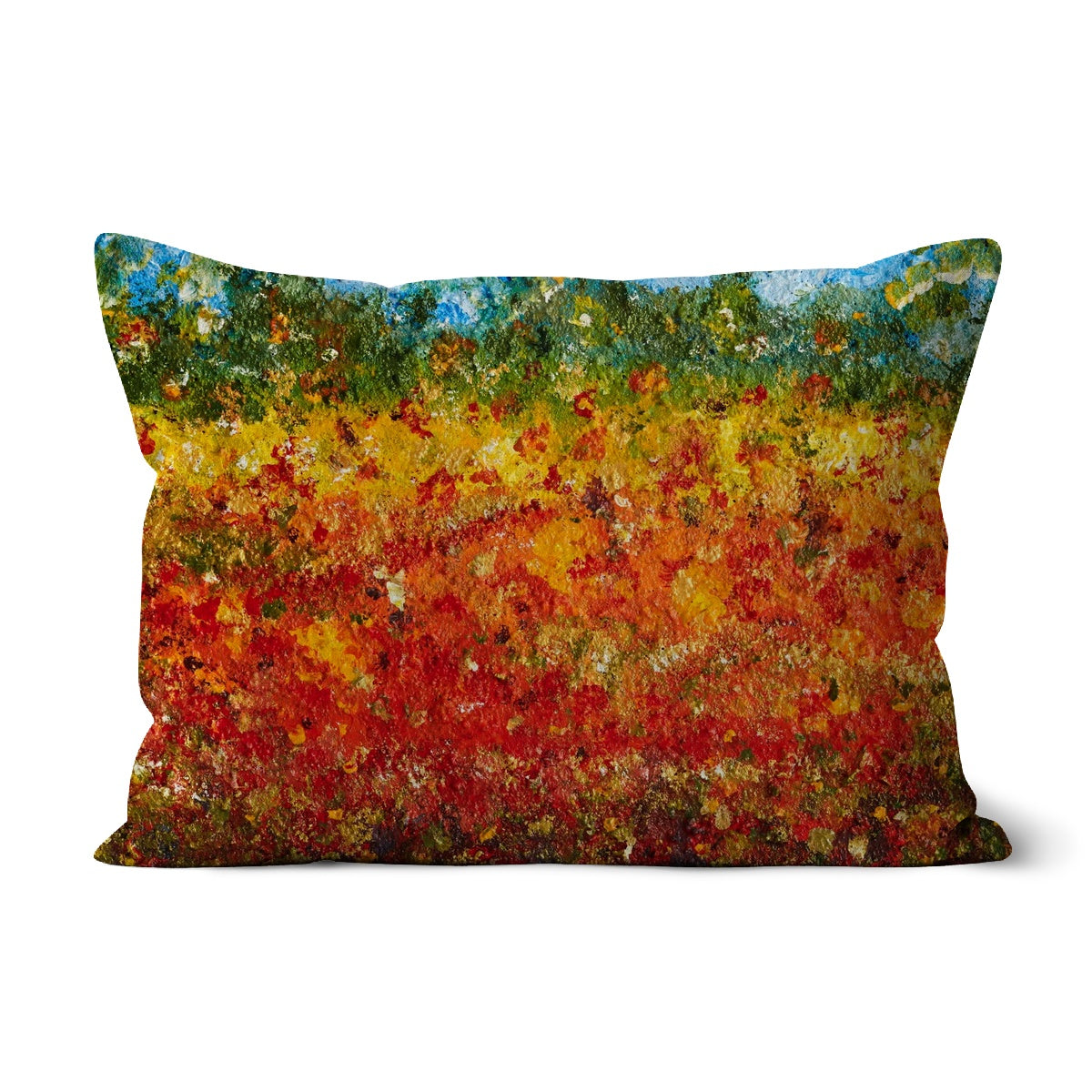 Summer fields Throw Pillow with Art with a fusion of colours of golds reds and other grasses in a wild field, trees in the background with blue sky.  Abstract painting