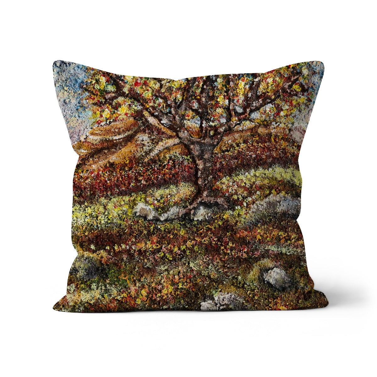 Friendship Tree throw pillow with art is a colourful tree on the english moor same shape as an apple tree, with blue skies.