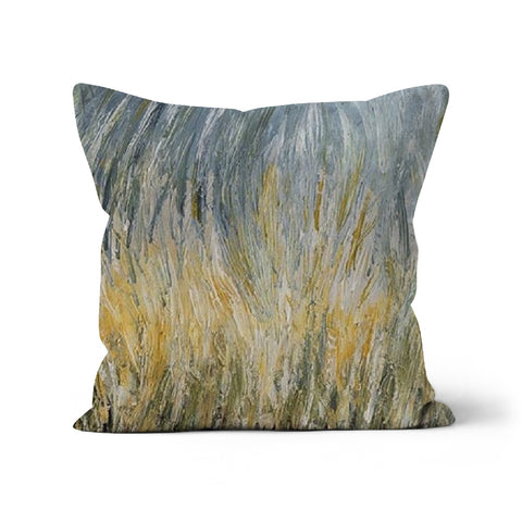 Wheat fields Throw Pillows with Art with an abstract design of the ground in sage greens and a touch of browns through to golds whites, and leading to pale blues of the sky