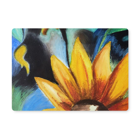 Artistic Placemats Abstract Sunflower is a beautiful mix of blues, turquoise greens & darker tones behind the yellows & orange sunflowers & more traditional petals reaching up from the bottom