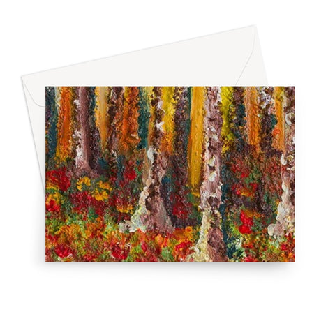 Artistic Small Wood Blank Greeting Card is a beautiful colourful image of tall tree trunks and the ground covered in fallen autumn leaves