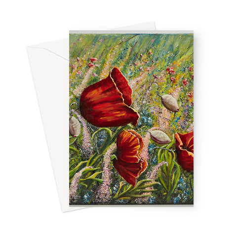 Poppy Love Greeting Card with bright large poppies amoungs a field of beautiful wild soft coloured flowers