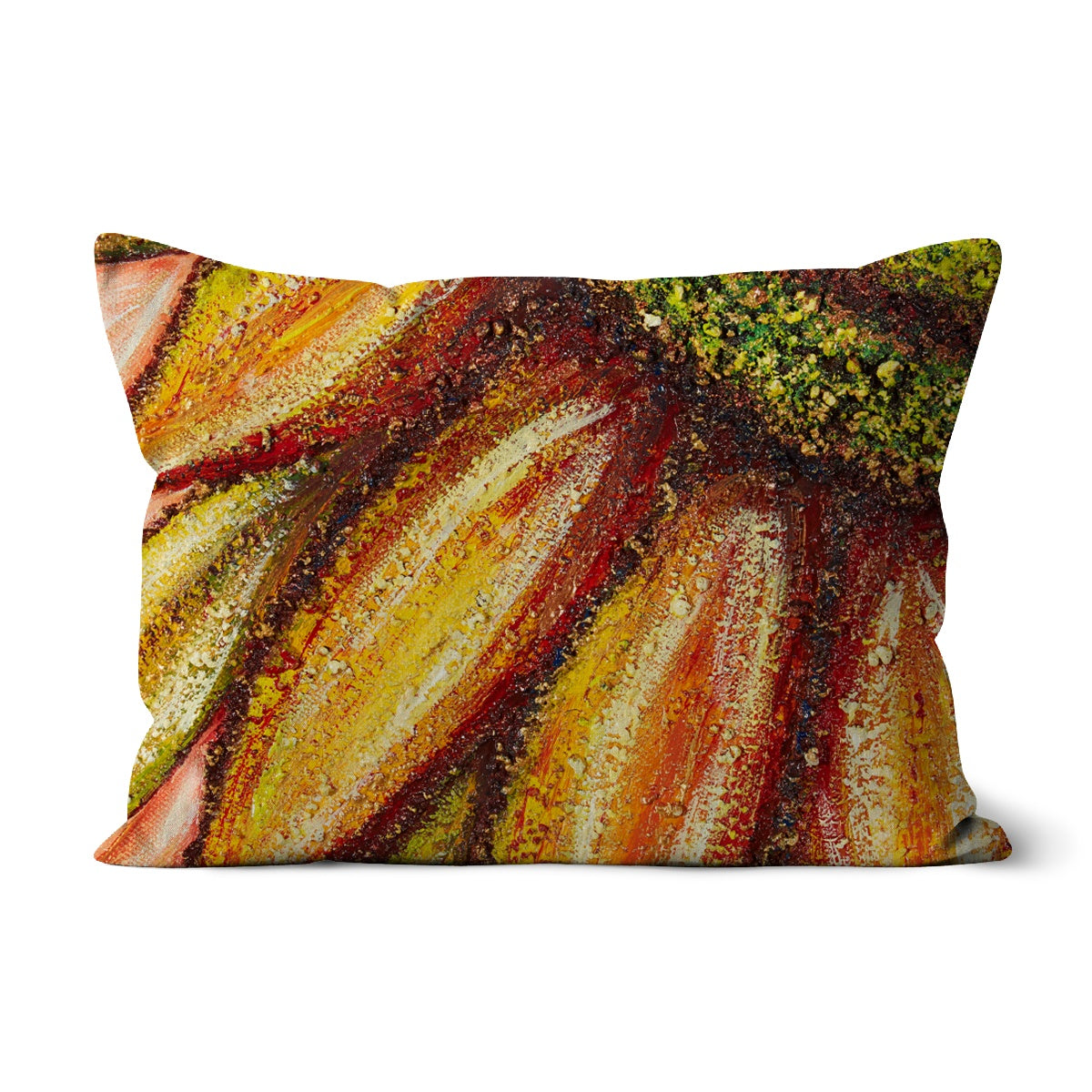 Sunflower Passion Throw Pillow with Art  with the centre of the flower at one corner and its multi colours of natural sun flowers colour spreading across the petals over the rest of the cushion.