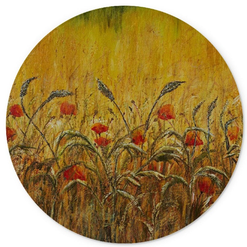 Artistic Glass Cutting Board Fields & Poppies golden has a golden wheat colour background with deied grasses and red poppies in the forefront