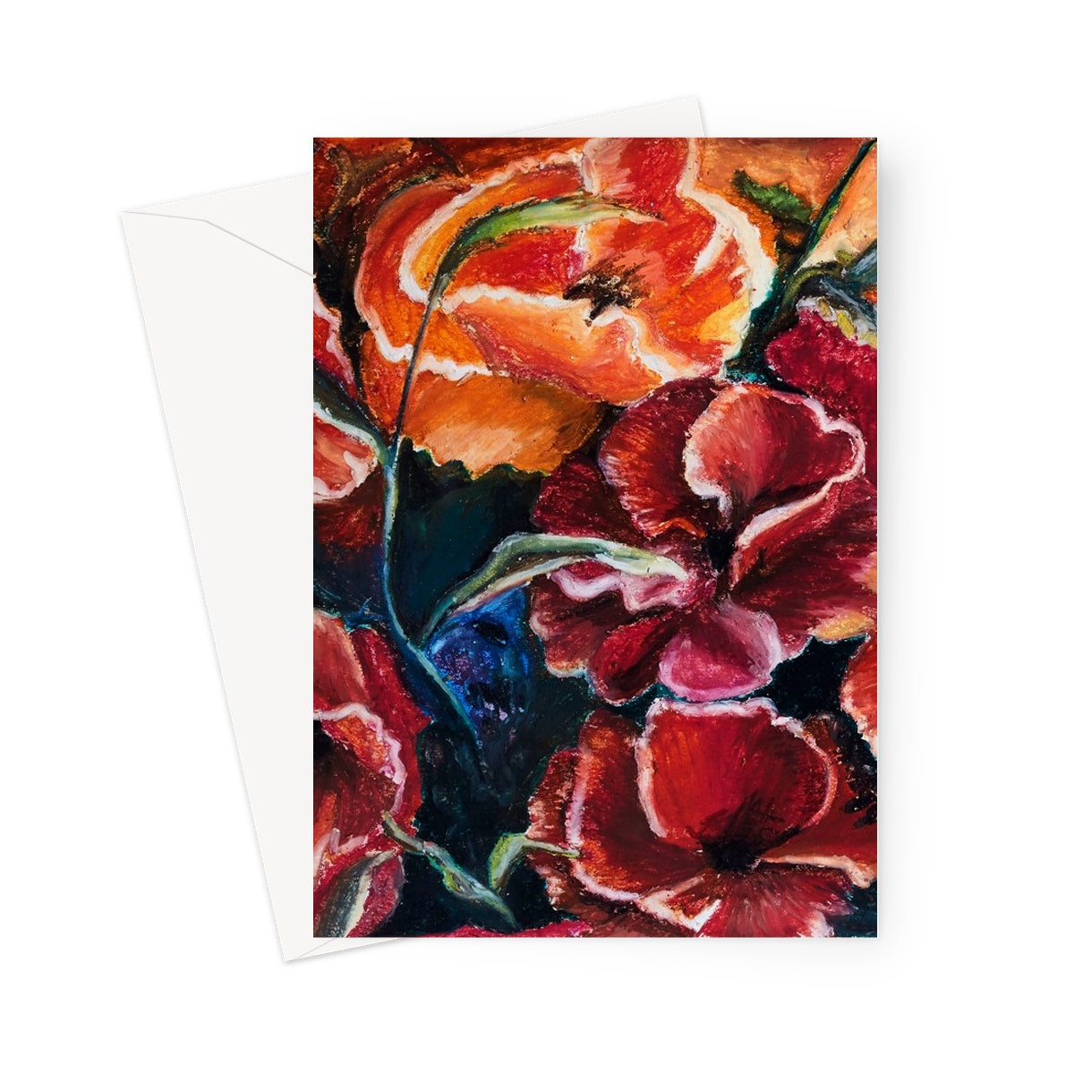 Atistic Blank Greeting Card Poppy Love with rich velvet red colours, deep dark blues & greens to show depth between the poppy heads and petals