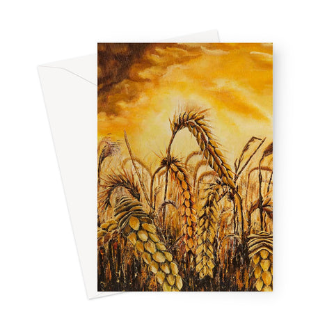 Artistic Stormy Wheat Field Greeting Card showing beautiful heads of golden wheat in a field under a stormy sky of dark clouds & bright golden flashes of light