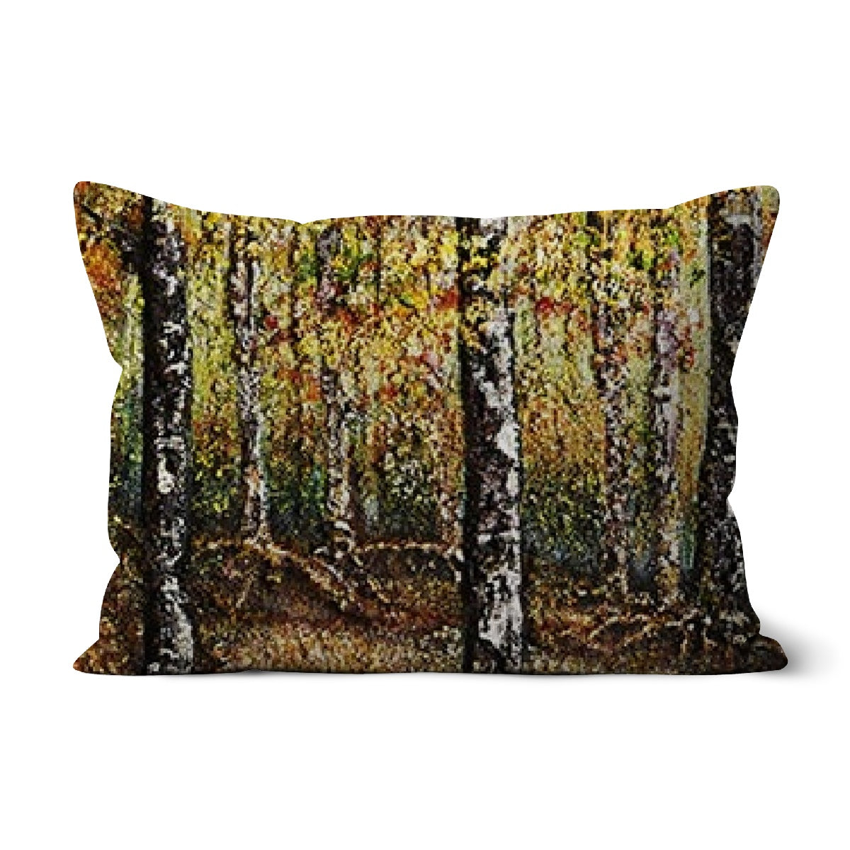 Forest of Gold Throw Pillow with Art  with a colours of golds, auburns yellows and the forest floor.  A unique design and very original