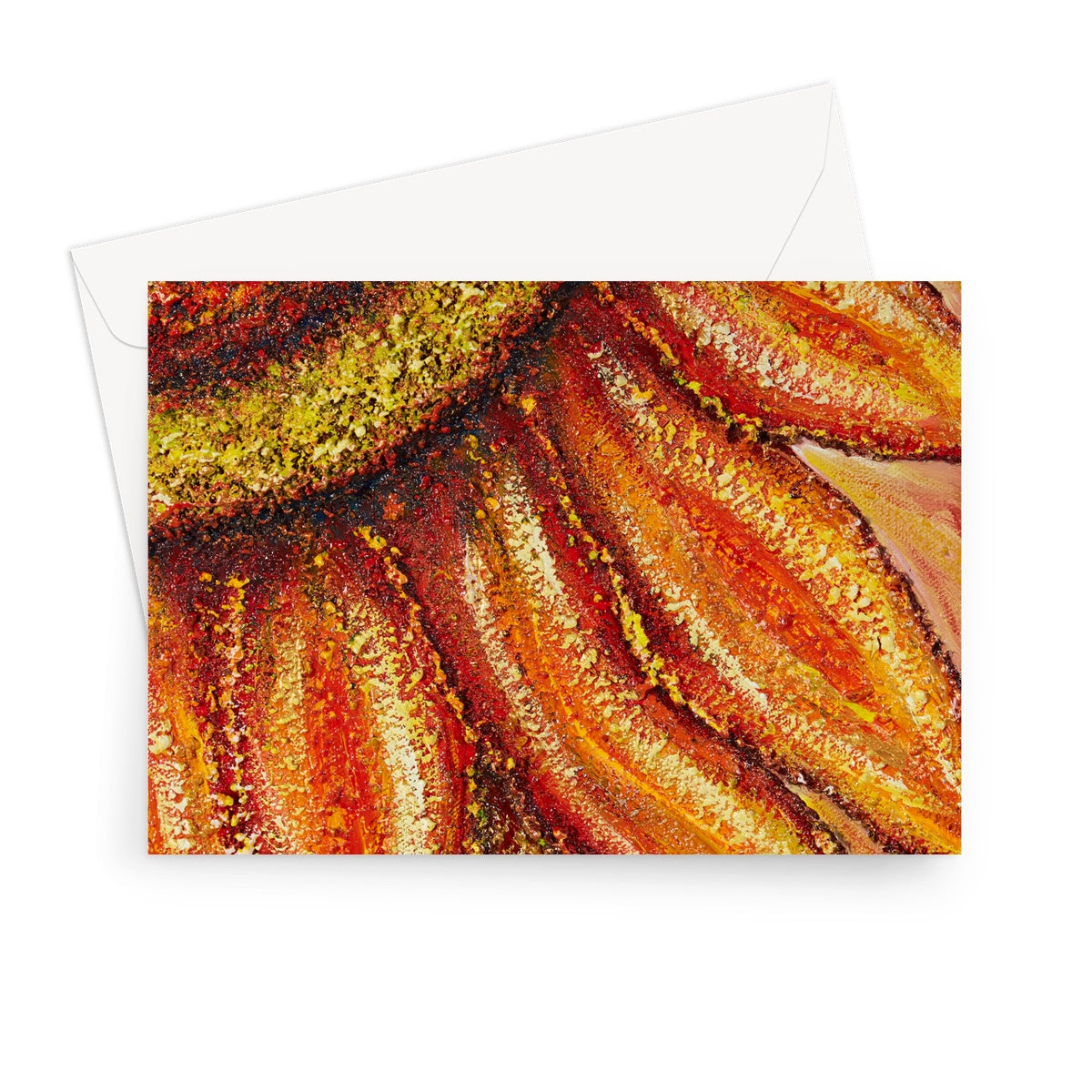 Artistic Sunflower Passion Blank Greeting Card is a bright beautiful quater taken from a whole sunflower head in oranges, yellows & soft shades in between