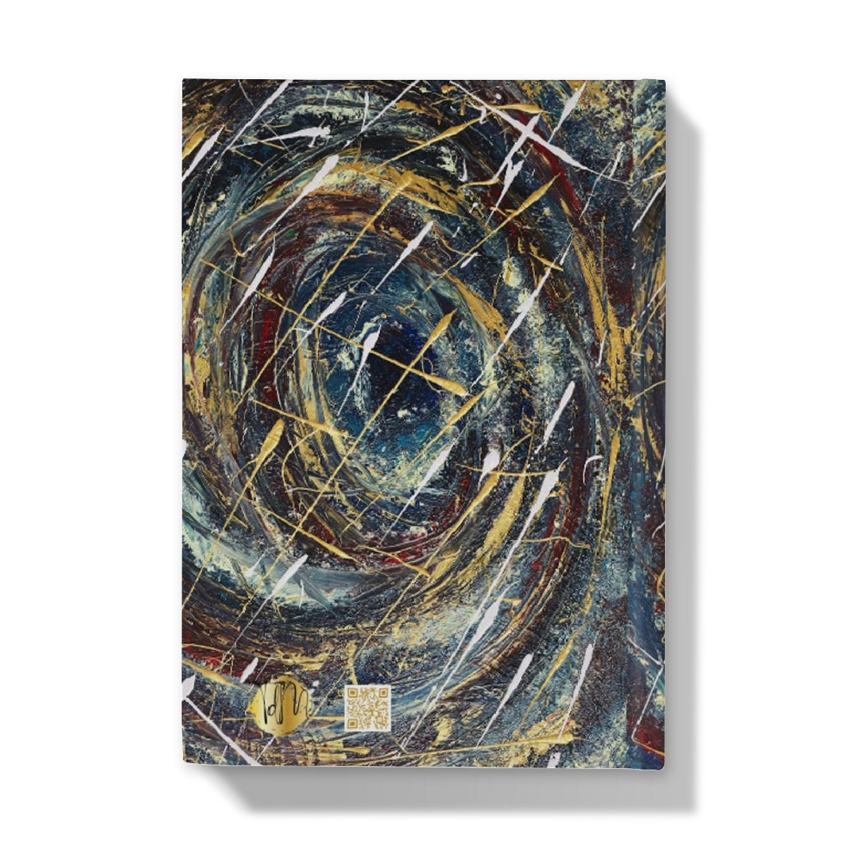 artistic Hardback journal with abstract design with swirling blues, velvet reds, golds & white resembling a beautiful coloured black hole in space or a planet