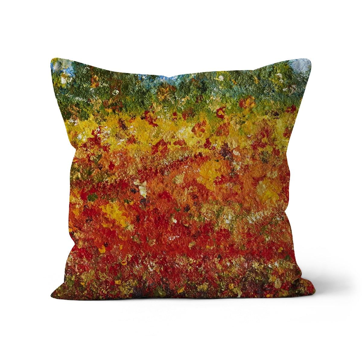 Summer fields Throw Pillow with Art with a fusion of colours of golds reds and other grasses in a wild field, trees in the background with blue sky.  Abstract painting