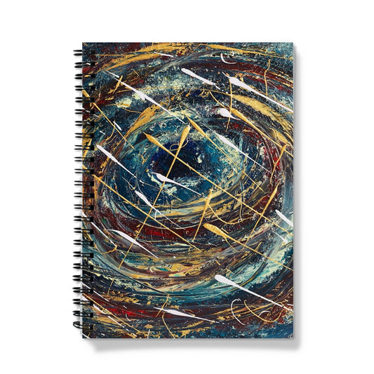 Odyssey journal Notebook is a swirling image of a dark blue centre getting larger all the time with deep velvet reds and colours in-between & splashes of gold & white