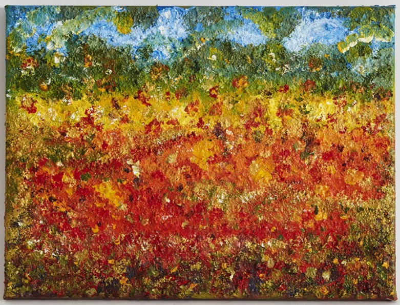  Wall Art Canvas Print summer fields 50 x 40 cm contemporary canvas print wall art of a summer field with reds hinting at poppies mixed with whites & yellows & golds throughout the field. In the distance greens to suggest tall trees, or maybe a forest with the sky above and clouds.