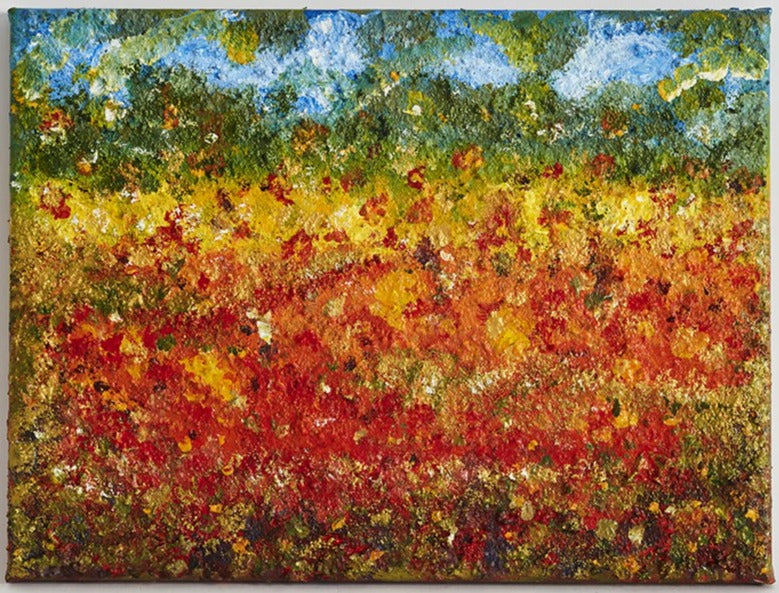 Original Textured canvas wall art summer fields 50 x 40 cm contemporary canvas of a summer field with reds hinting at poppies mixed with whites & yellows & golds throughout the field.  In the distance greens to suggest tall trees, or maybe a forest with the sky above and clouds.