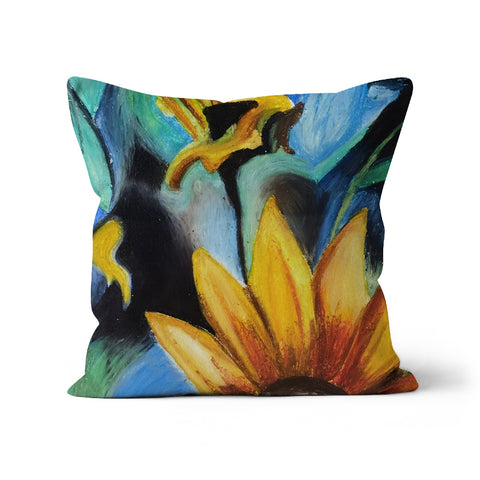 Abstract Sunflower Throw Pillow with Art is a beautiful mix of blues, tourquoise greens & darker tones behind the yellows & orange sunflowers. Abstract flower in the centre & more traditional petals reaching up from the bottom