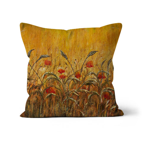 Golden Fields & Poppies Throw Pillows with art of golden  warm colours and lighter dried grasses of natural colours and small red poppies.  Wild field on a cushion, delightful design