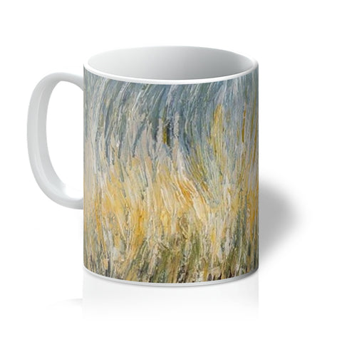 Artistic Coffee Mug Wheat Fields, beautiful pale shades of golds, blues & sage greens.  Abstract art.