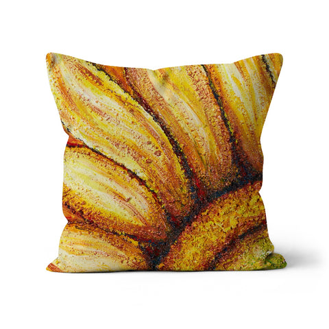 Throw pillow with a design of  a yellow sunflower, it's center in one corner with petals spreading outwards