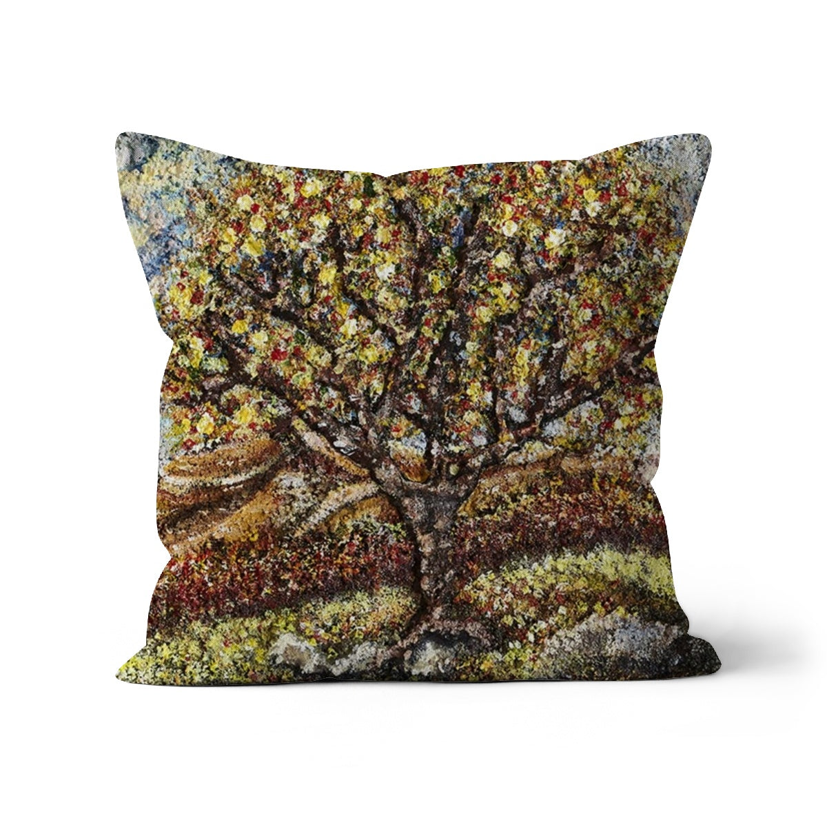 Friendship Tree throw pillow with art is a colourful tree on the english moor same shape as an apple tree, with blue skies.