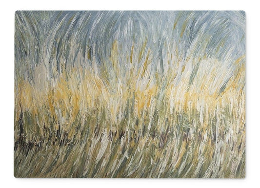 wheat fields Glass Chopping Board of golds,pale shades in between & blues and sage green colours at the bottom.  Beautiful abstract pallet knife  painting