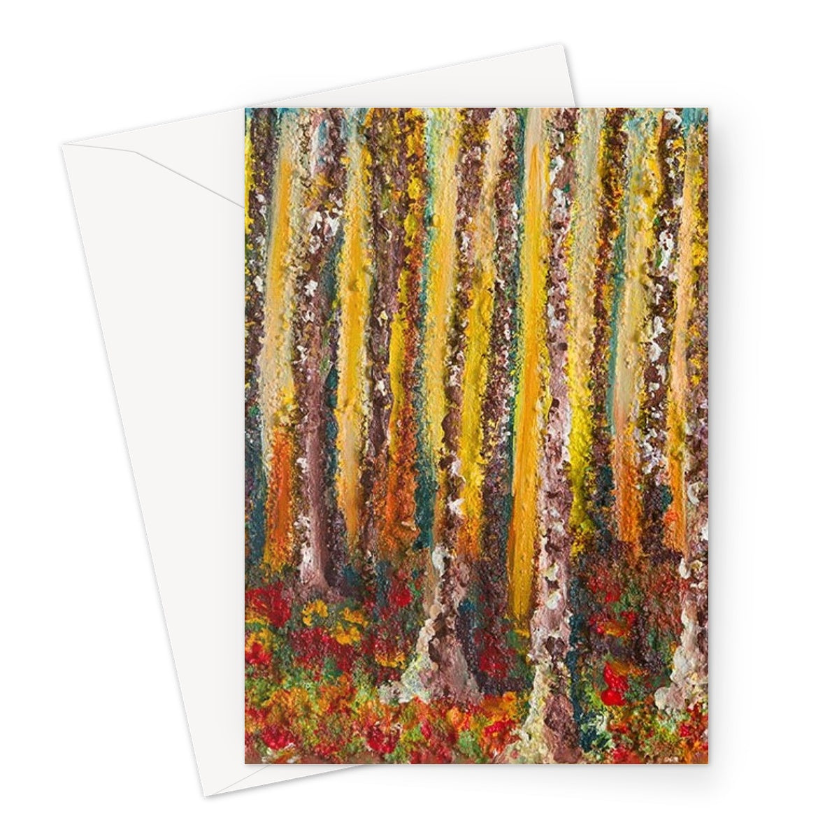 Artistic Small Wood Blank Greeting Card is a beautiful colourful image of tall tree trunks and the ground covered in fallen autumn leaves