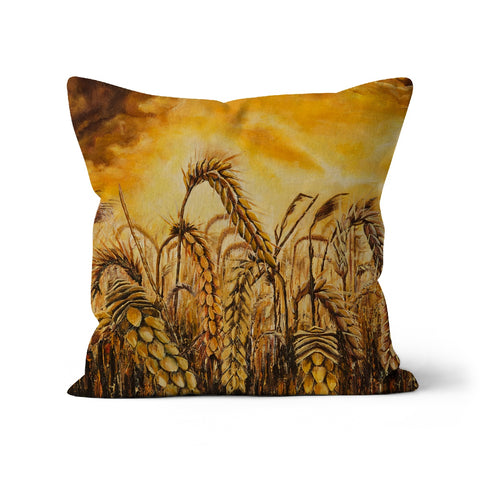 Golden Fields & Poppies Throw Pillows with art of golden warm colours and lighter dried grasses of natural colours and small red poppies. Wild field on a cushion, delightful design