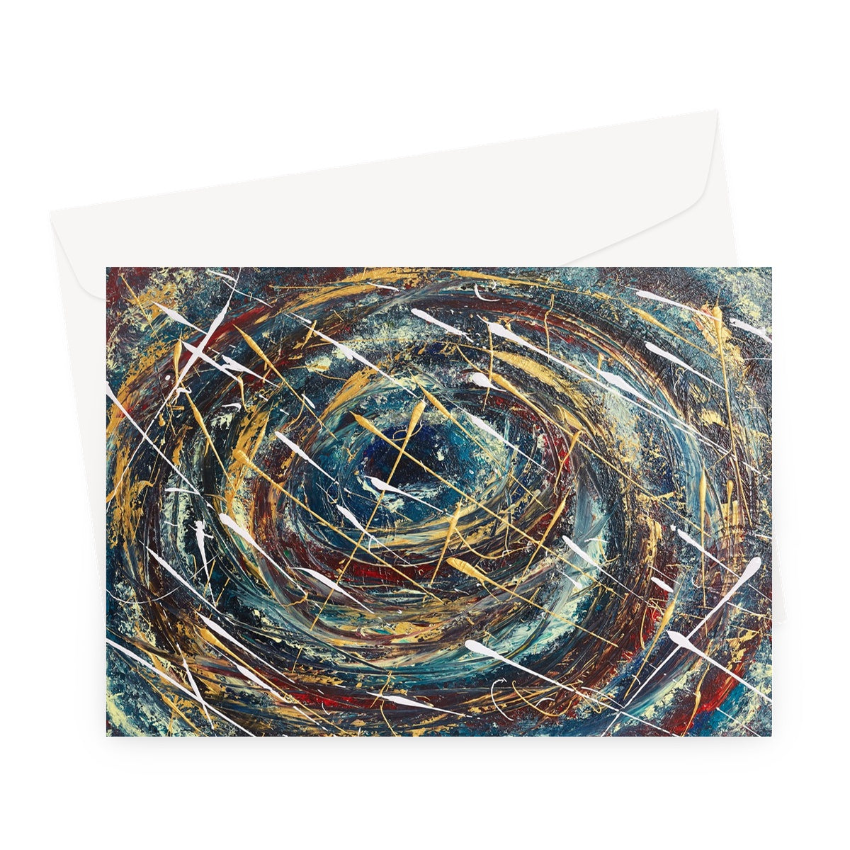 Artistic Odyssey Blank Greeting Card is a swirling fusion of colours as if we are looking into a black hole in space, with blues velvet reds and splashes of whites & golds