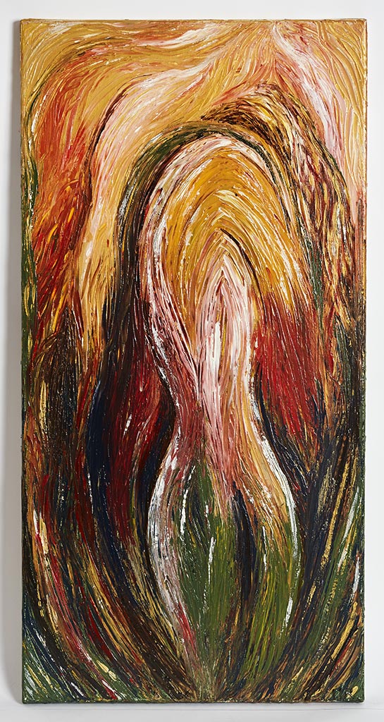 Wall Art Canvas Print Woman, an abstract painting with a pallet knife but also easy to see a picture of a young silhouette of a woman with hair falling in front of her from a side view & her hourglass silhouette of greens & golds, blues reds. Light above her head giving an aura of light all around her. This is a moving piece with a connection to mental health issues.