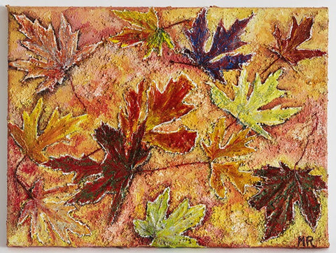 Original Canvas Wall Art.  A fun piece of mapel leaves of all colours imaginable!  These are real colours from leaves I saw in a Canadian forest.  All the leaves are real in the original and place as they would normally be found on the ground.  colours are pinks, reds, mauve's oranges greens & all with sand as this material was used also, making it a very textured piece.