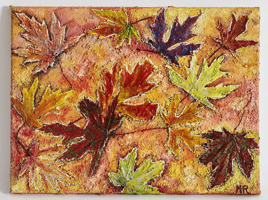 Canvas Print Wall Art A fun piece of mapel leaves of all colours imaginable! These are real colours from leaves I saw in a Canadian forest. All the leaves are real in the original and place as they would normally be found on the ground. colours are pinks, reds, mauve's oranges greens & all with sand as this material was used also, giving a textured  look to this piece.