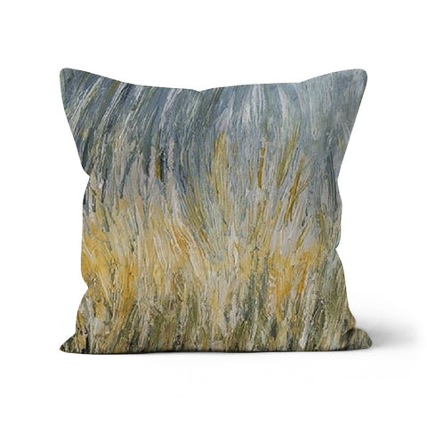 Wheat fields Throw Pillows with Art with an abstract design of the ground in sage greens and a touch of browns through to golds whites, and leading to pale blues of the sky